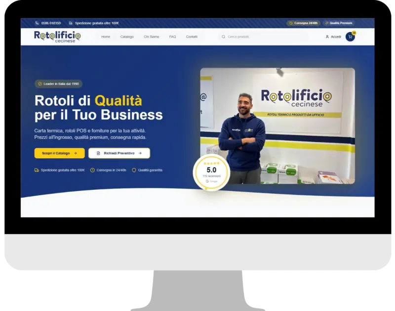 E-commerce B2B Rotolificio Cecinese — interfaccia desktop con catalogo prodotti, carrello e checkout su misura