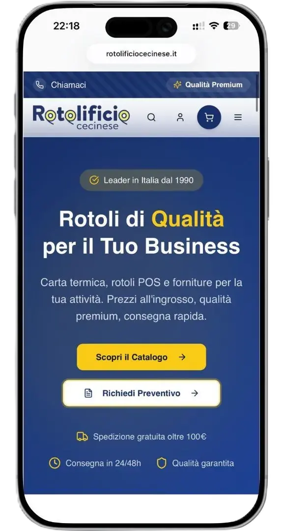 E-commerce B2B Rotolificio Cecinese — interfaccia mobile ottimizzata per ordini da smartphone, catalogo e pagamenti